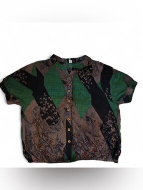 Vintage-Style Earthy Abstract Floral Button-Up Blouse - L